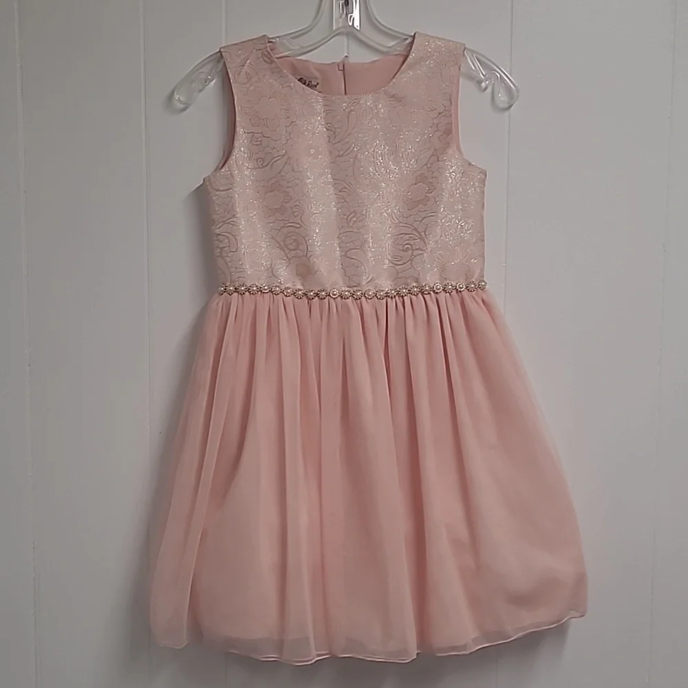 Purple Rose Girl's Skater Style Peachy Pink Brocade Sleeveless Tulle Dress Sz 10